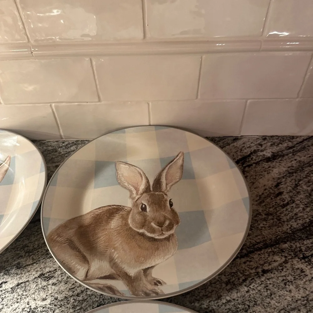 4 WILLIAMS SONOMA DAMASK BUNNY DINNER PLATES